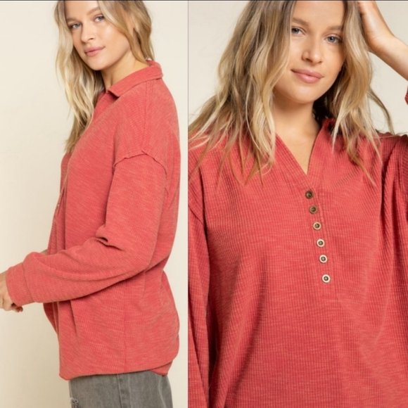 37196 POL Ribbed Henley Top - Picture 5 of 5